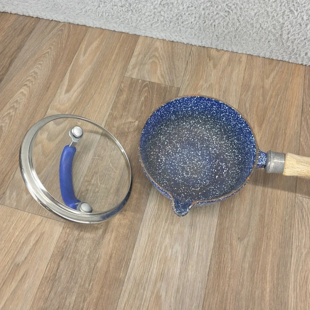 Vintage LL Bean Blue Speckled Cast Iron Saucepan Pot with Lid Pour Spout Wood